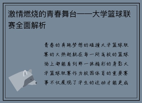 激情燃烧的青春舞台——大学篮球联赛全面解析
