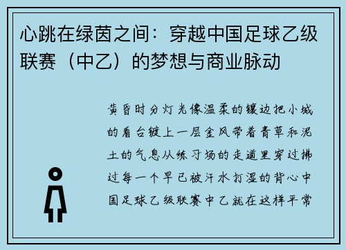 心跳在绿茵之间：穿越中国足球乙级联赛（中乙）的梦想与商业脉动